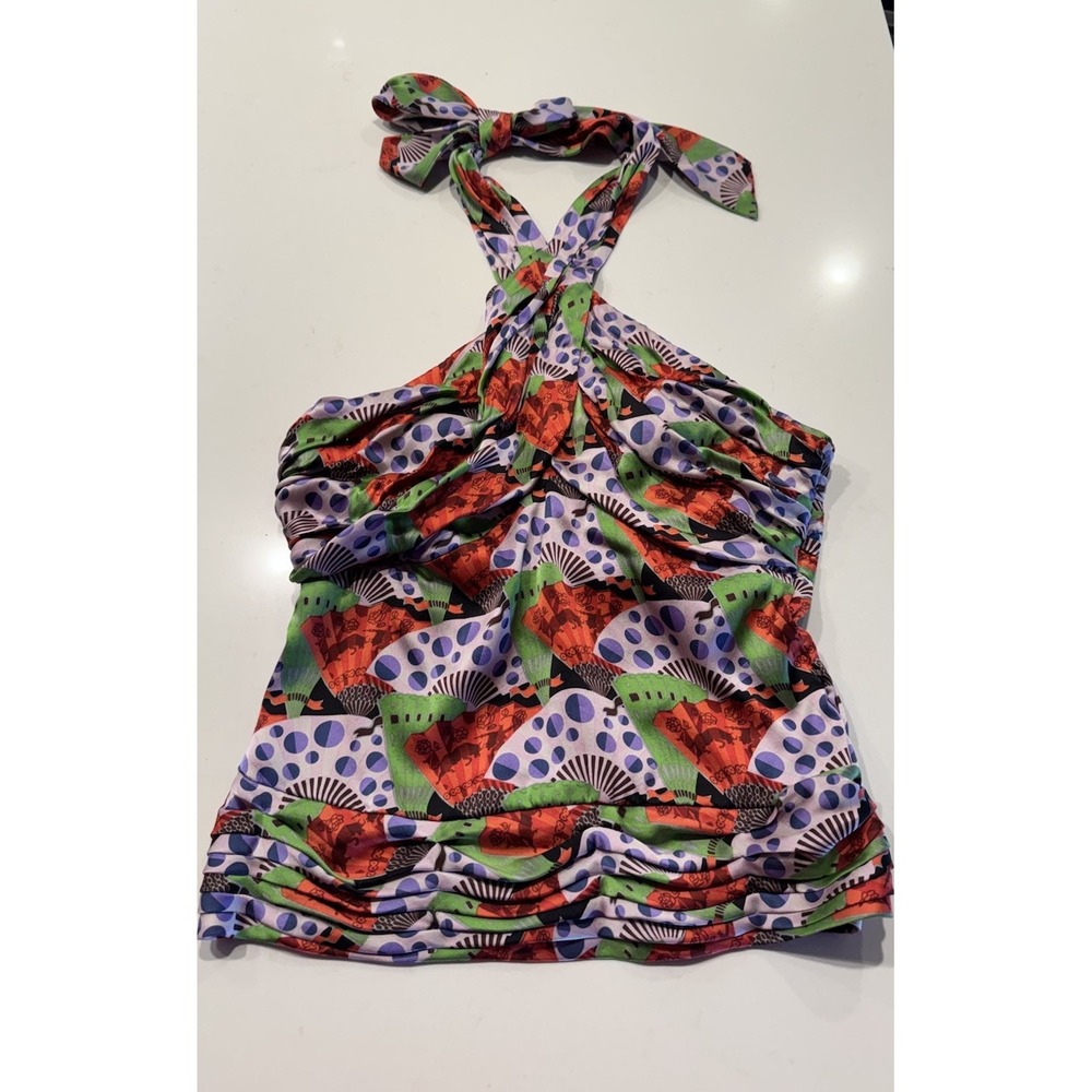 Adam Lippes Women's‎ Halter Top Silk Fan Print Pleated Colorful Artsy Glam